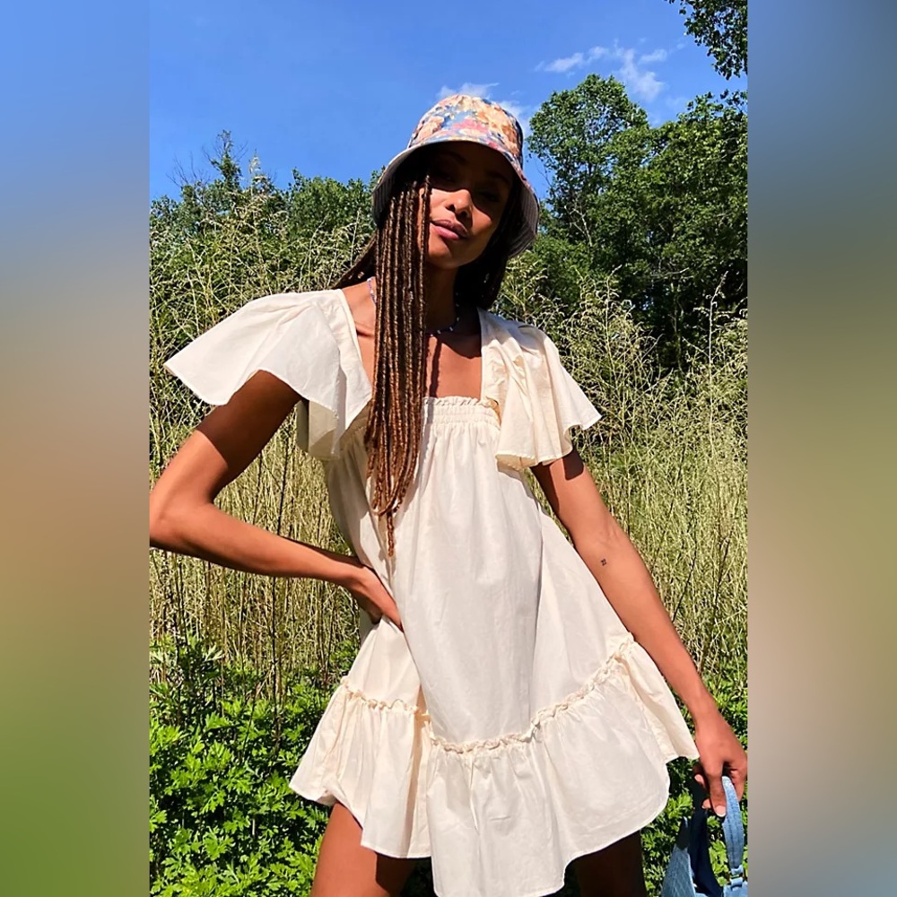 Free People Imogene Ivory Square-Neck Puff Sleeves Mini Dress, Size Medium